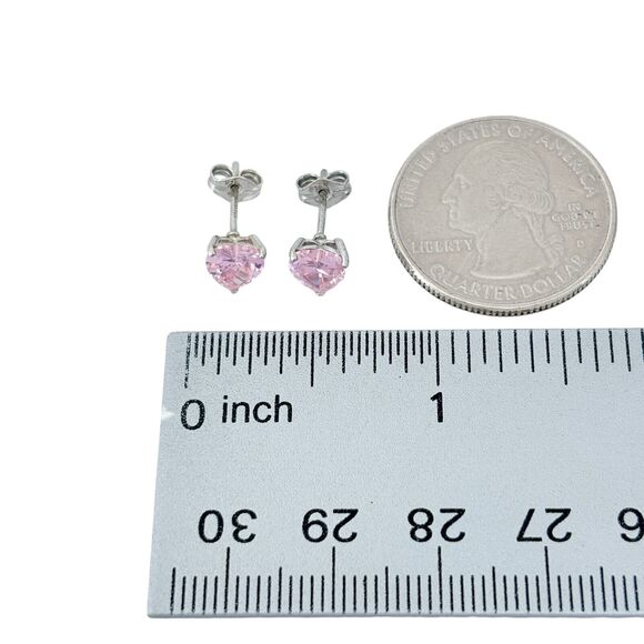 Vintage Sterling Silver 925 6.5mm Pink Heart Cubic Zirconia Stud Earrings - Picture 6 of 6